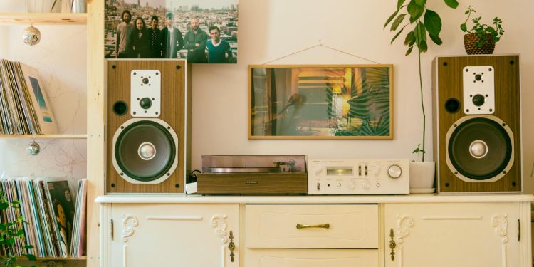 Retro home interior featuring vintage stereo, speakers, and houseplants for cozy atmosphere.