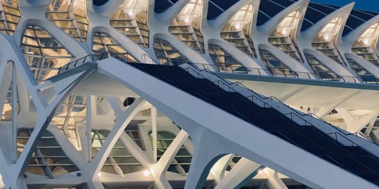 Striking modern architecture of Valencia's Science Museum at dusk.