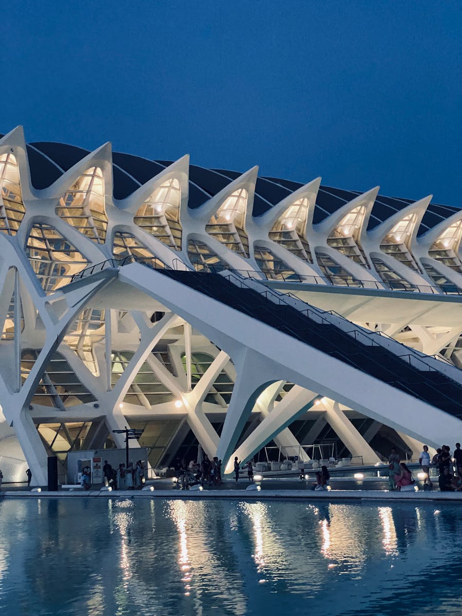 Striking modern architecture of Valencia's Science Museum at dusk.